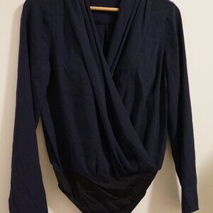 Babaton Wrap Front Bodysuit Small in Navy